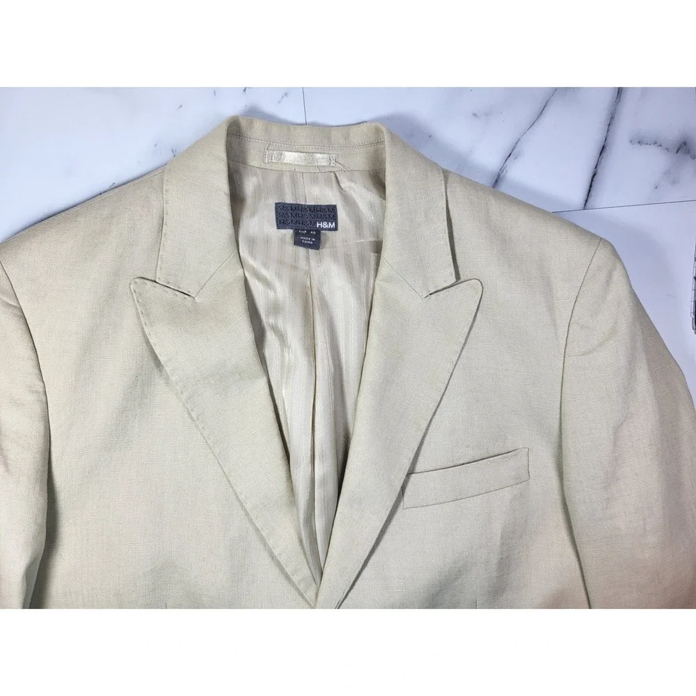 H&M Mens Linen Blend Blazer Beige Tan Two Button Peak Lapel Sport‎ Coat 36